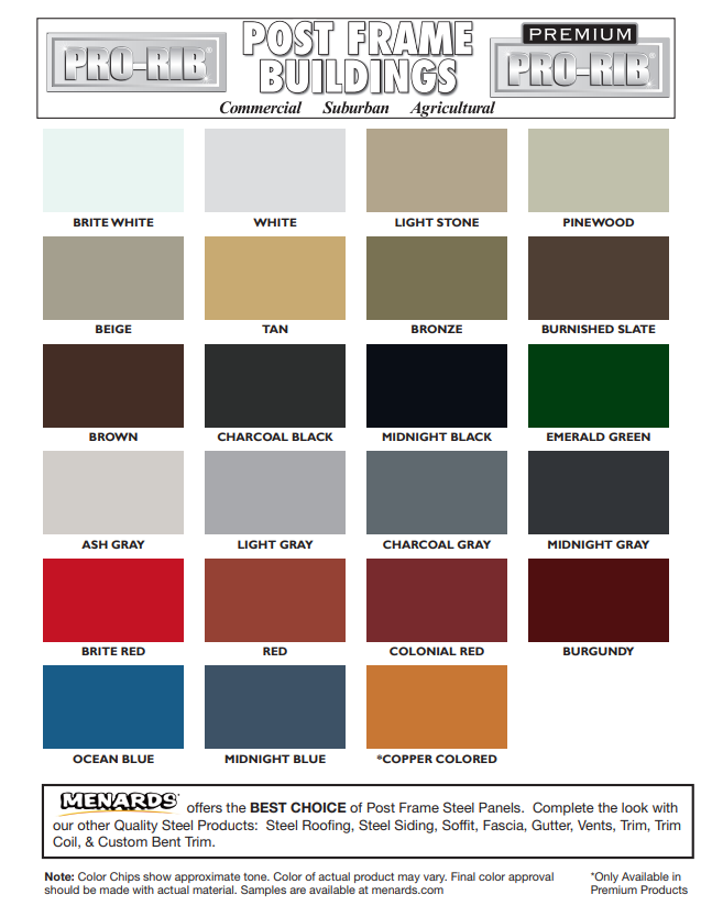 Metal Roof Colors chart for metal roofs