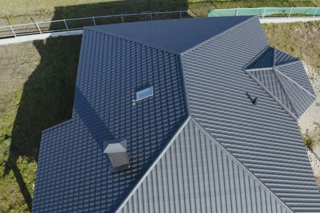 Fully Insured Metal Roofing service shown from above with drone